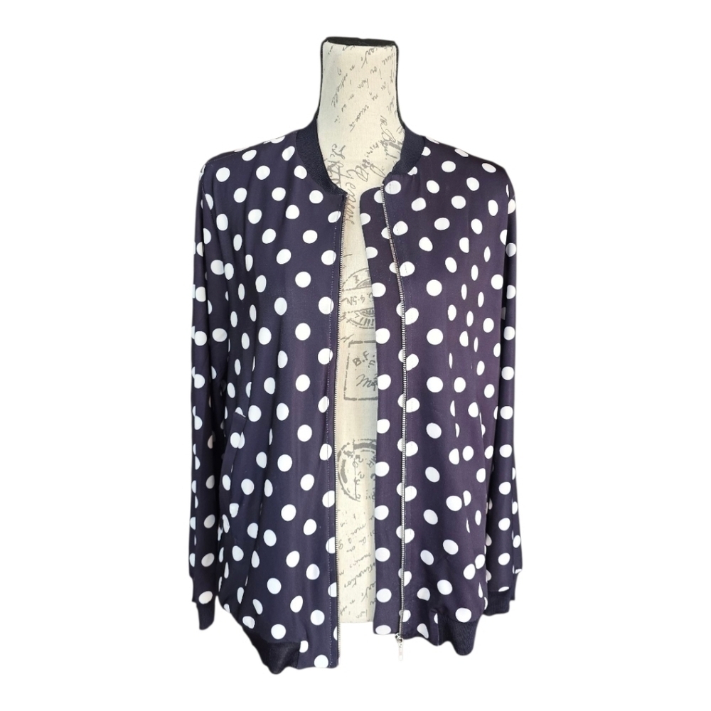 MNG Suit Navy White Polka Dot  Bomber Zip Blazer Jacket S